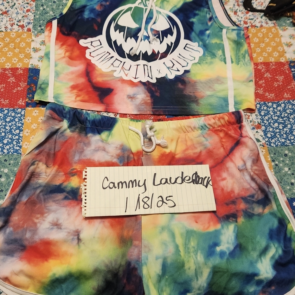 Love Pain and Stitches Pumpkin Cult Summerween tie dye short and tank set